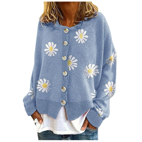 Frostluinai Cute Sweaters For Women Y2K Floral Print Knit Cardigan Sweaters Long Sleeve V Neck Button Down Aesthetic Sweater Vintage Aesthetic 90S Outerwear Tops