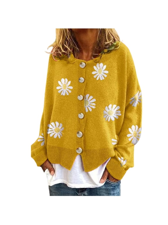 Cute Sweaters For Women Y2K Floral Print Knit Cardigan Sweaters Long Sleeve V Neck Button Down Aesthetic Sweater Vintage Aesthetic 90S Outerwear Tops