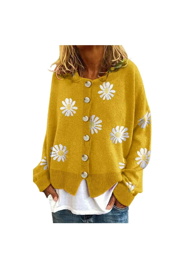 Cute Sweaters For Women Y2K Floral Print Knit Cardigan Sweaters Long Sleeve V Neck Button Down Aesthetic Sweater Vintage Aesthetic 90S Outerwear Tops