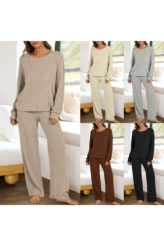 Cyber And Monday 2 Piece Sets for Women Crewneck Long Sleeve Knit Sweaters High Waist Wide Leg Pants Lounge Sets for Women