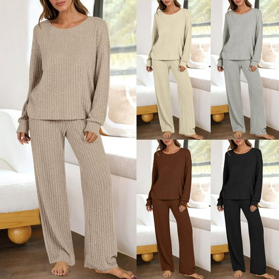 Frostluinai Cyber And Monday 2 Piece Sets for Women Crewneck Long Sleeve Knit Sweaters High Waist Wide Leg Pants Lounge Sets for Women