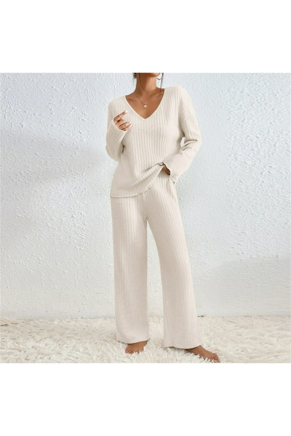 Cyber And Monday Comfy Sets for Women Clothing V Neck Lounge Knit Sweaters Elastic Waist Wide Leg Pants Comzy Sweatsuits