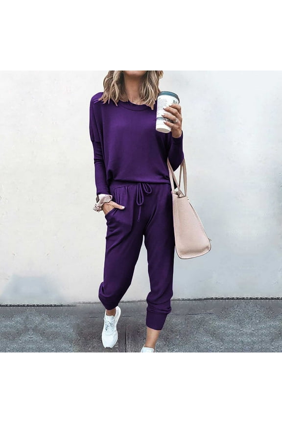 Cyber And Monday Lounge Sets for Women 2 Piece Crewneck Long Sleeve Shirts Lounge Jogger Pants Solid Tracksuits with Pockets