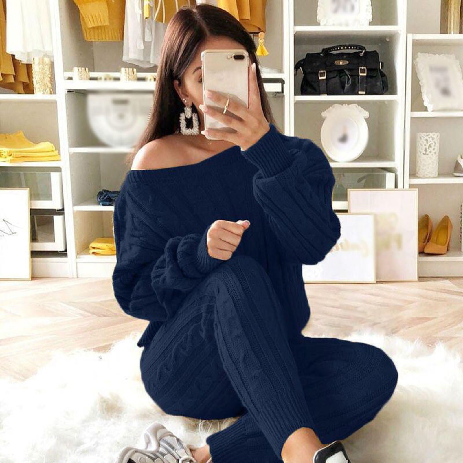 2-Piece Knitwear Boat Neck Sweater-Pants Set