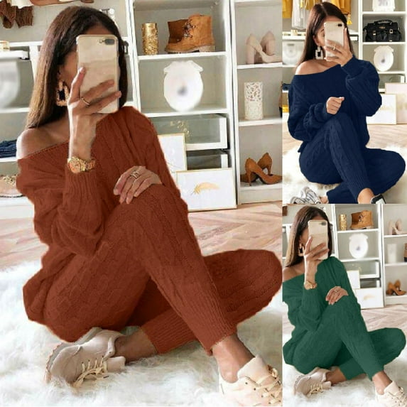Frostluinai Cyber And Monday Women Two Piece Outfits Sets Plus Size Solid Cable Knit Sets Boat Neck Dew Shoulder Sweaters Slim Knit Pants