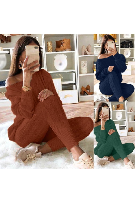 Cyber And Monday Women Two Piece Outfits Sets Plus Size Solid Cable Knit Sets Boat Neck Dew Shoulder Sweaters Slim Knit Pants