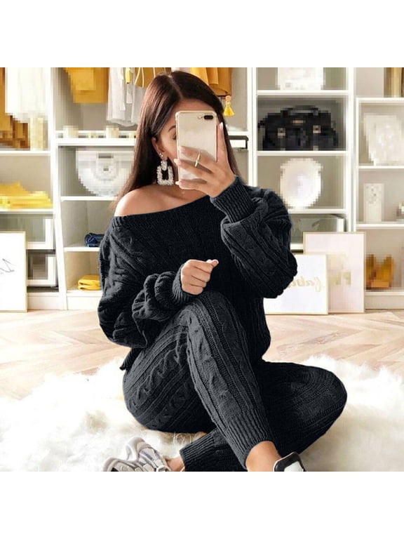 Cyber And Monday Womens Sweater Sets 2 Piece Outfits Long Sleeve Boat Neck Sweaters Slim Pants Lounge Cable Knit Tracksuits