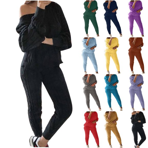 Frostluinai Cyber And Monday Womens Sweater Sets 2 Piece Outfits Long Sleeve Boat Neck Sweaters Slim Pants Lounge Cable Knit Tracksuits
