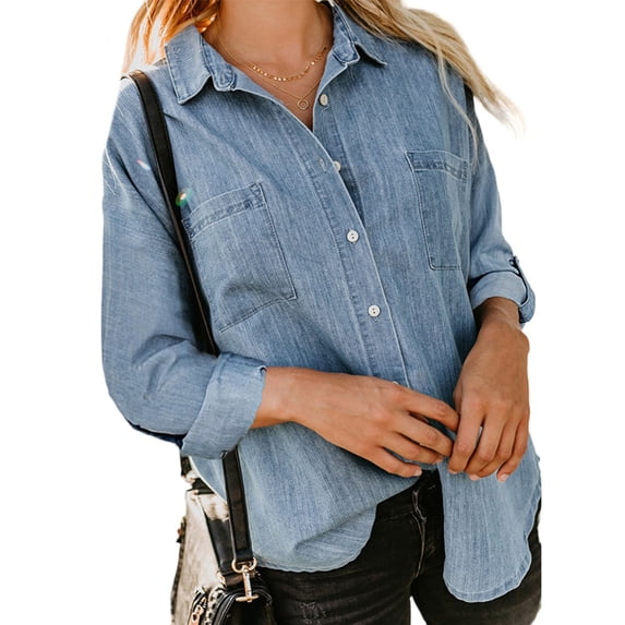 Frostluinai Denim Button Down Shirt Women Long Sleeve Plus Size Denim Jackets Button Down Lapel Collar Casual Jean Coats with Pocket