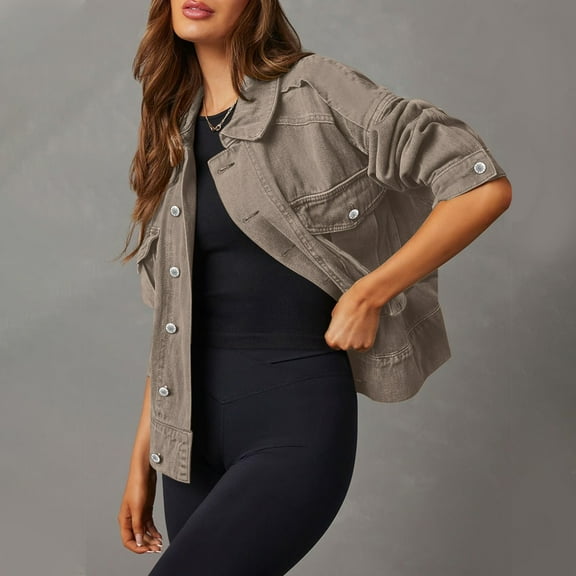 Frostluinai Denim Jacket for Women Cargo Long Sleeve Drop Shoulder Crop Denim Coats Button Down Lapel Vintage Jean Jacket with Pocket Womens Gifts