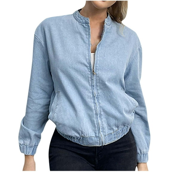 Frostluinai Denim Jacket for Women Full Zip Long Sleeve Jean Jacket Stand Collar Classic Denim Coats Distressed Jean Coats with Pockets