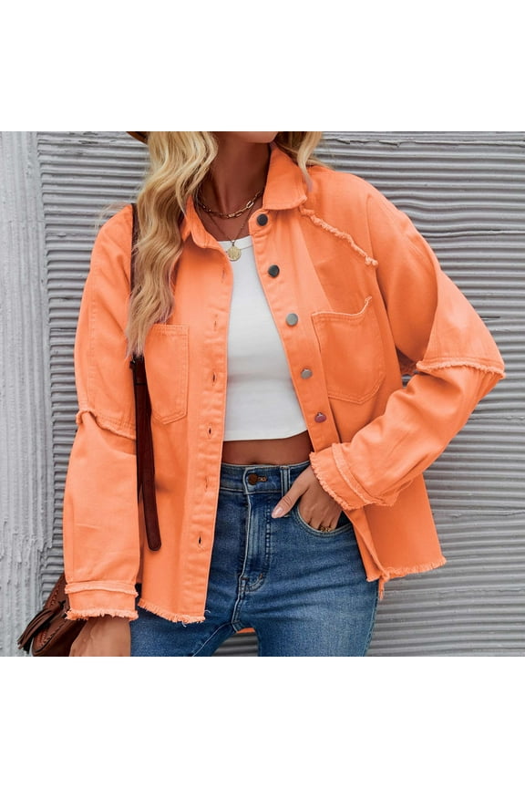 Denim Jacket for Women Long Sleeve Casiual Jean Jacket Button Down Lapel Collar Vintage Denim Coats Fall Jean Coat with Pocket