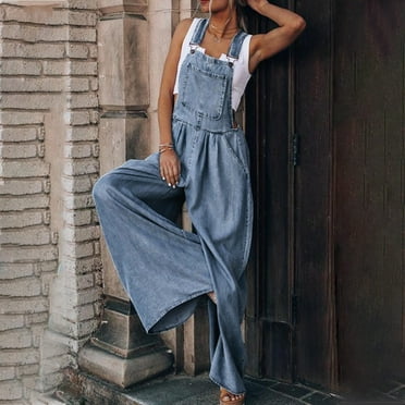 Frostluinai Denim Overalls for Women Adjustable Strap Wide Leg Bib Jean Overalls Casual Loose Holiday Overalls Solid Denim Overalls with Pocket
