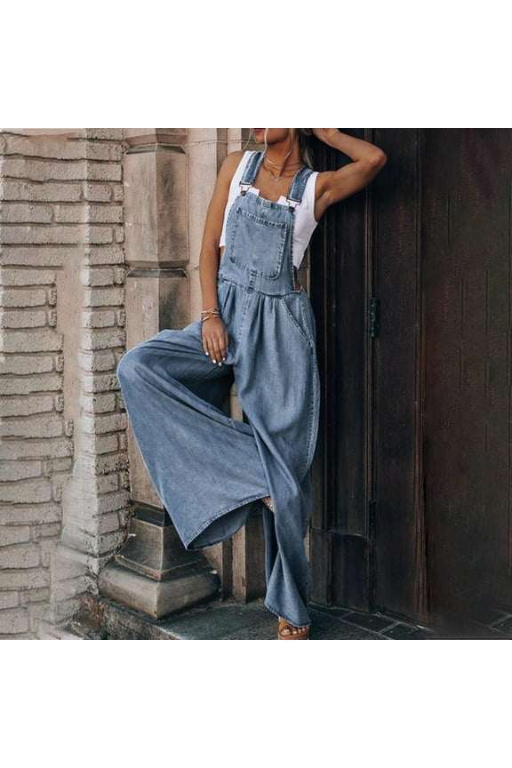 Denim Overalls for Women Adjustable Strap Wide Leg Bib Jean Overalls Casual Loose Holiday Overalls Solid Denim Overalls with Pocket