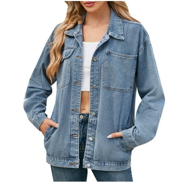 Frostluinai Denim Shacket for Women 2024 Long Sleeve Lapel Collar Casual Jean Jacket Button Down Loose Fit Denim Coats Fall Jacket with Pocket
