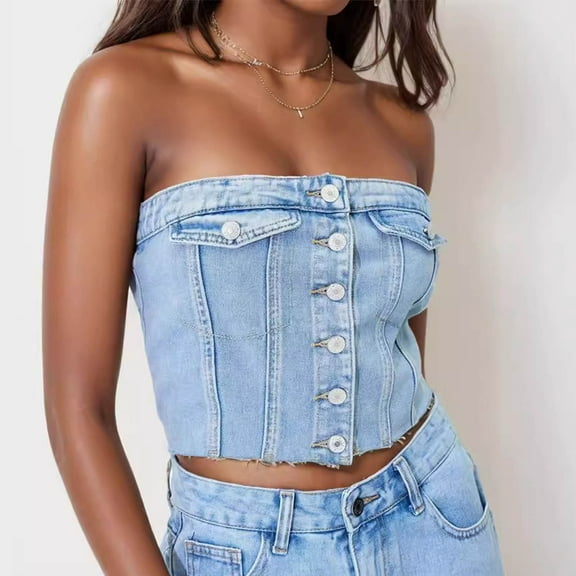 Frostluinai Denim Tute Tops for Women Off Shoulder Strapless Jean Vests Button Down Sexy Denim Tanks Fashion Y2k Jean Jacket Gifts for Women