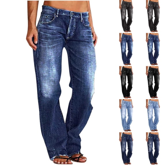 Frostluinai Distressed Ripped Jeans Womens Elastic Waist Retro Denim Pants Washed Straight Wide Leg Jean Lightweight Summer Trousers with Pocket