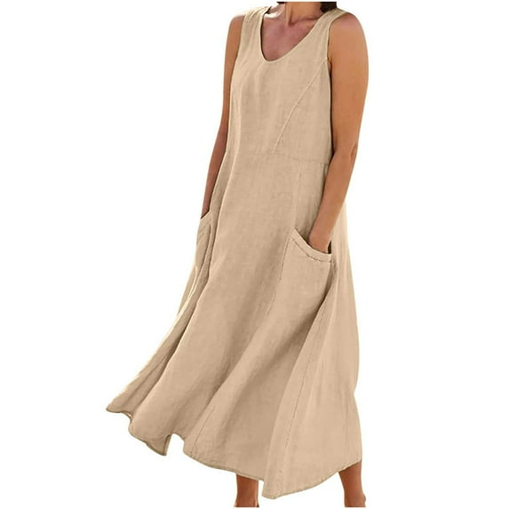 Frostluinai Dresses for Women 2023 Plus Size Summer Loose Sundress Cotton Linen Scoop Neck Sleeveless Long Dress Plain Color Beach Swing Pleated Tank Dresses w/ Pockets