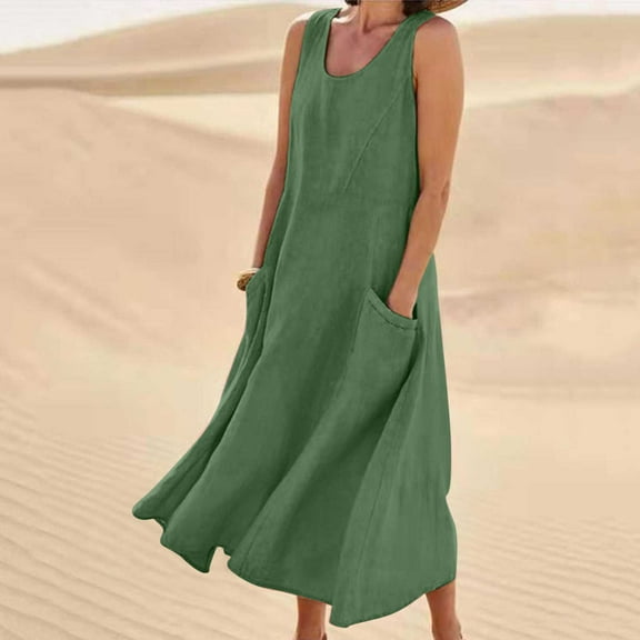 Frostluinai Dresses for Women 2023 Plus Size Summer Loose Sundress Cotton Linen Scoop Neck Sleeveless Long Dress Plain Color Beach Swing Pleated Tank Dresses w/ Pockets