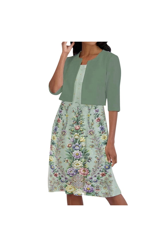 Women's Summer Sun Dress Floral Print Flowy Irregular Hem Sleeveless Dress with Short Jacket 2 Piece Set Wedding Guest A-lien Dress