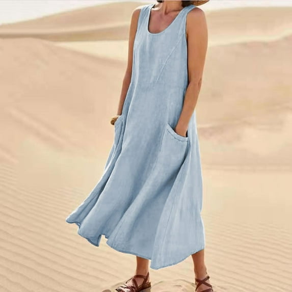 Frostluinai Summer Savings Deals 2024! Dresses for Women Plus Size Summer Loose Sundress Cotton Linen Scoop Neck Sleeveless Long Dress Plain Color Beach Dress Swing Pleated Tank Dresses w/ Pockets