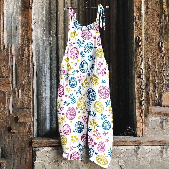 Frostluinai Easter Summer Plus Size Linen Overalls for Women Boho Hippie Cloth Floral Printed Jumpsuits Spaghetti Strap Rompers with Pocket