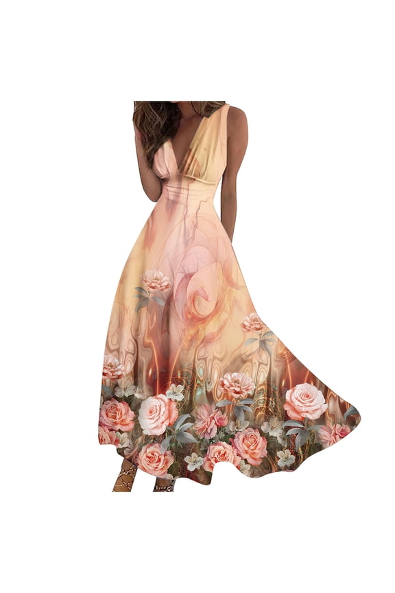 Fall Dress for Women 2023! Plus Size Cocktail Dress Wrap Deep V Neck Sleeveless Floral Swing Dresses A-Line Bohemian Maxi Party Wedding Guest Dresses