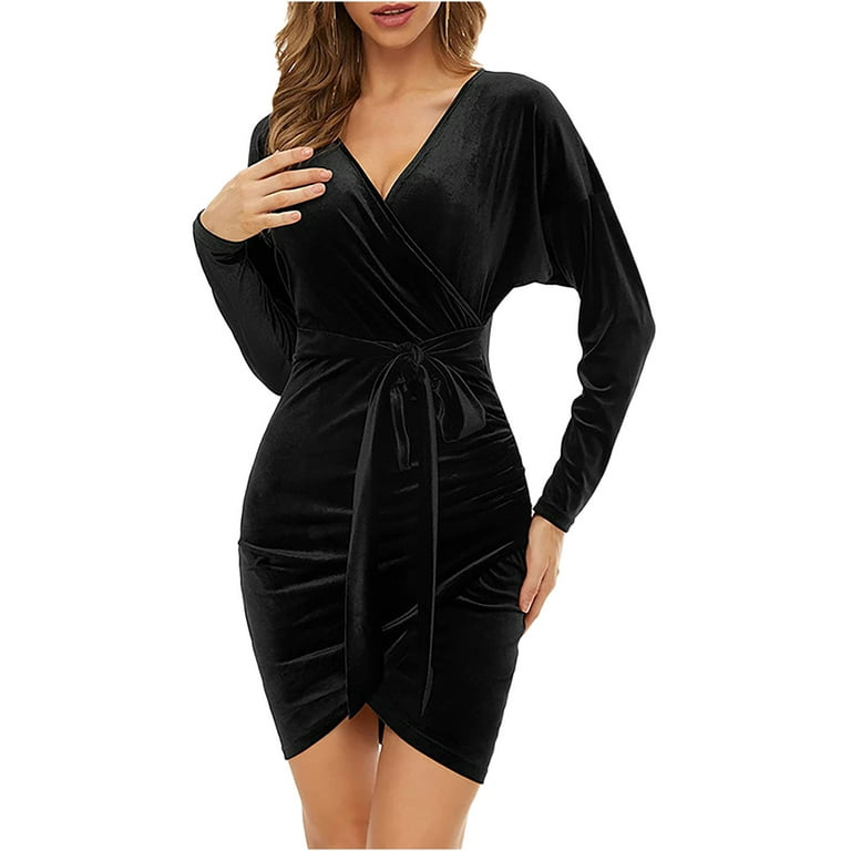 Frostluinai Fall Dresses For Women 2022 Homecoming Dresses Plus Size Wrap  Dresses For Women Wedding Guest Long Sleeve V Neck Slim Fitted Ruched  Cocktail Party Short Dress Mini Dress 