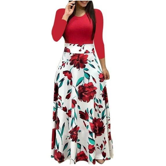 Frostluinai Fall Dresses For Women 2022 Homecoming Dresses Long Sleeve Maxi Dress For Women Plus Size Dress Casual Boho Dress O-Neck Floral Print Patchwork Fall Long Dresses