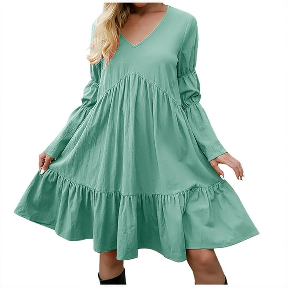 Frostluinai Fall Dresses For Women 2022 Homecoming Dresses Mini Dress For Women Plus Size Dress V-Neck Long Sleeve Fall Dresses Knee Length Cute Tunic Dress Pleated Ruffle Swing Babydoll Dress