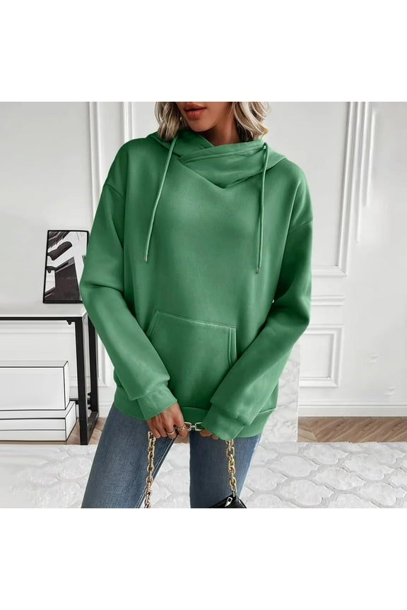 Fall Hoodies for Women Drawstring Cowl Neck Long Sleeve Casual Pullover Tops Solid Loose Fit Fleece Lined Sweatshirts with Pocket