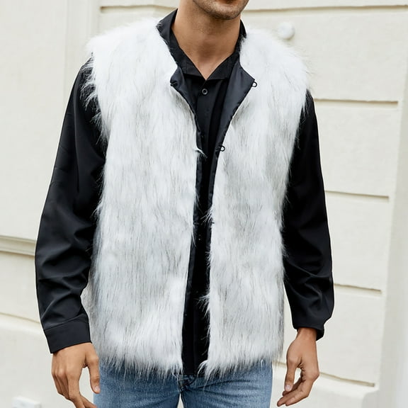 Frostluinai Faux Fur Vests for Men Fluffy Sleeveless Winter Coats Warm Shaggy Button Dowm Sherpa Jackets Solid Fuzzy Outerwear Vests