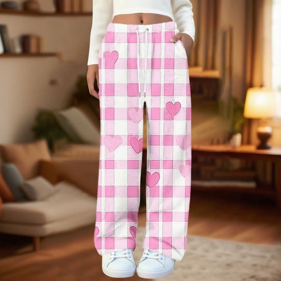 Frostluinai Flannel Pajama Pants for Women Flush Plaid PJ Pants Elastic Waist Fleece Pj Lounge Trousers for Fall Winter with Pocket