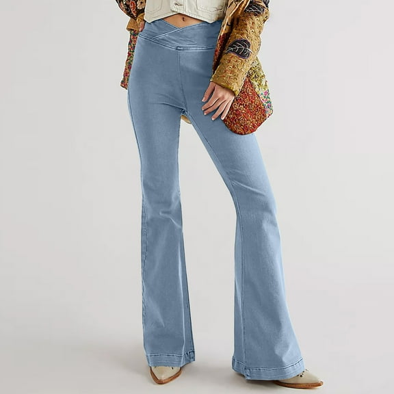 Frostluinai Flare Jeans for Women High Waist Crossover Denim Pants Solid Slim Fit Bootcut Jean Pants Stretchy Y2K Flare Jeans with Pocket