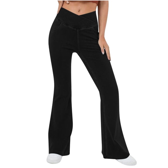 Frostluinai Flare Jeans for Women High Waisted Stretch Yoga Workout Leggings Slim Fit Bootcut Soft Pants Plus Size Legging with Pocket