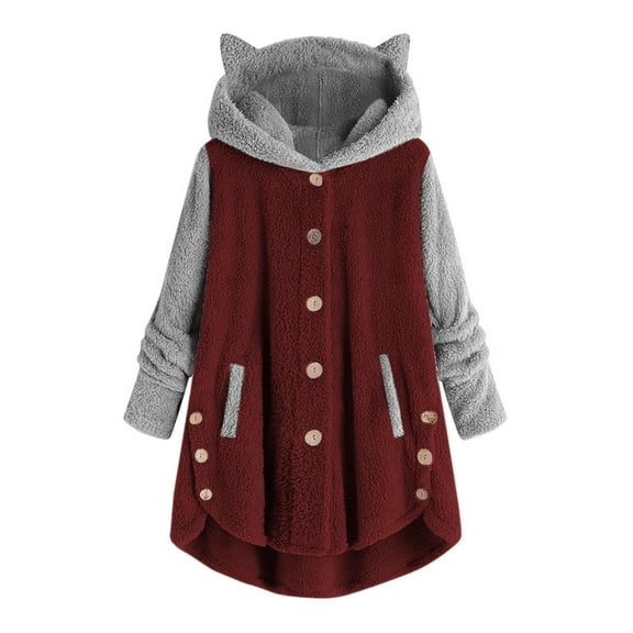 Frostluinai Fleece Jacket For Women Cat Hoodie With Ears&Button Down Cardigan Pullover Hoodie Fleece Hooded Sweatshirt Cat Ear Irregular Long Sleeve Warm Winter Oversized Outwear With Pocket