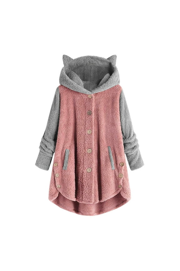 Fleece Jacket For Women Cat Hoodie With Ears&Button Down Cardigan Pullover Hoodie Fleece Hooded Sweatshirt Cat Ear Irregular Long Sleeve Warm Winter Oversized Outwear With Pocket