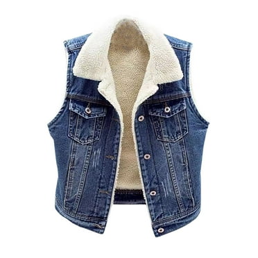 Frostluinai Fleece Lined Denim Vests for Women Sleeveless Sherpa Lined Jean Tanks Button Down Lapel Warm Denim Coats Winter Jean Vests with Pockets