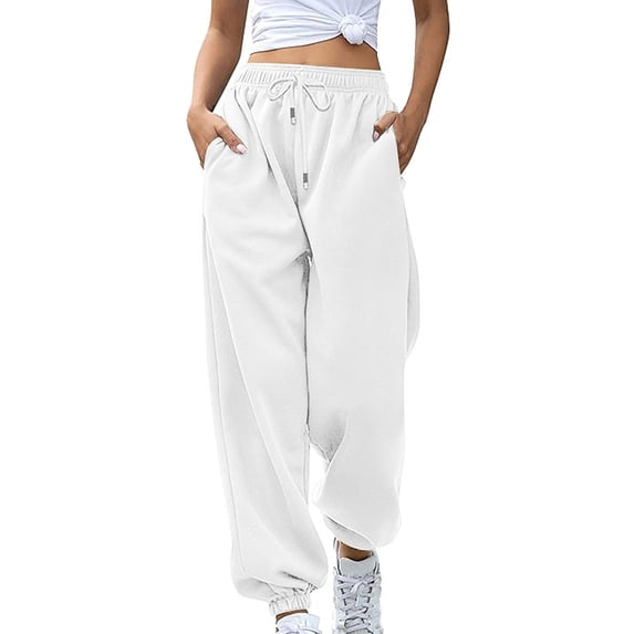 Frostluinai Fleece Sweatpants for Women Elastic High Drawstring Baggy Hiking Pants Solid Color Loose Fit Sweatpants Comzy Pants with Pockets