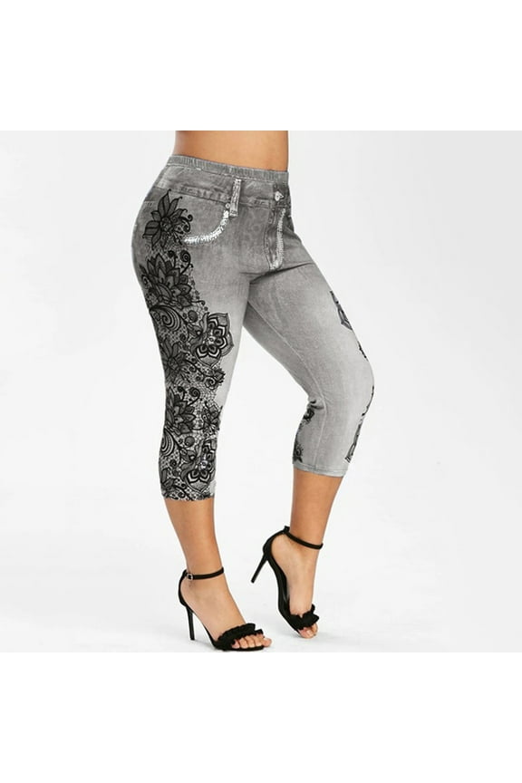 Floral Butt Lifting Capris Women High Waist Floral Print Leggings Stretchy Faux Denim Yoga Workout Capris Vintage Lounge Pants