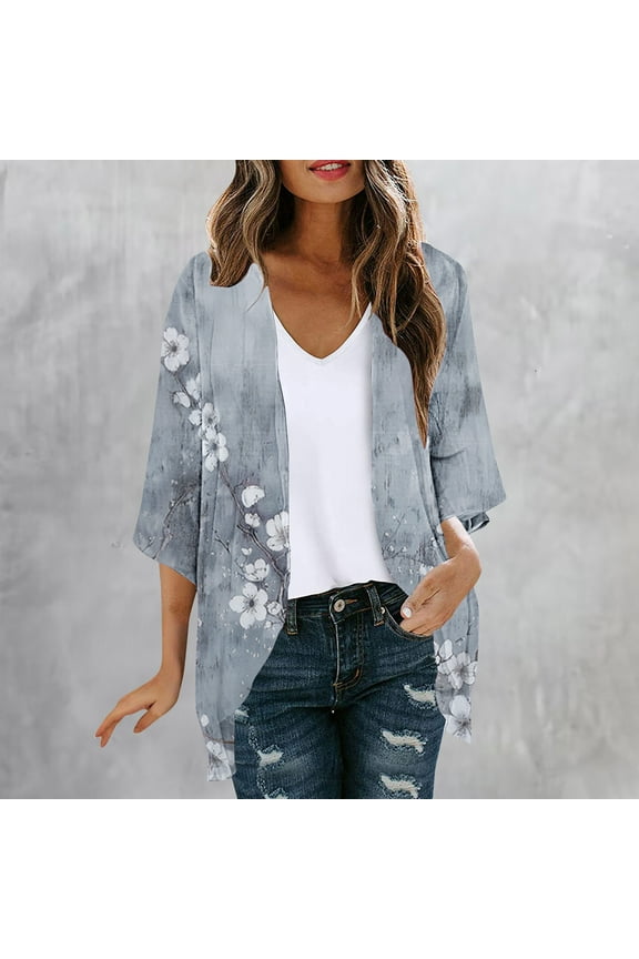 Floral Cardigans for Women Boho Chiffon Cardigans Open Front 3/4 Sleeve Kimono Cover Up Plus Size Flowy Jackets Gifts