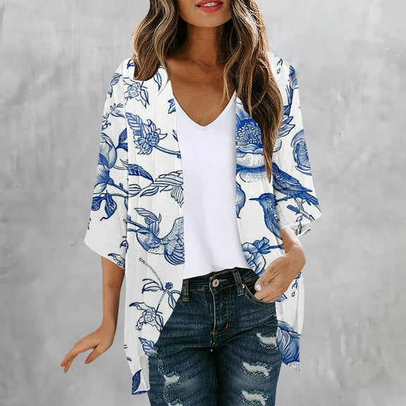 Frostluinai Floral Cardigans for Women Open Front Chiffon Kimono Cardigans 3/4 Sleeve Lightweight Cardigans Boho Vacation Kimonos