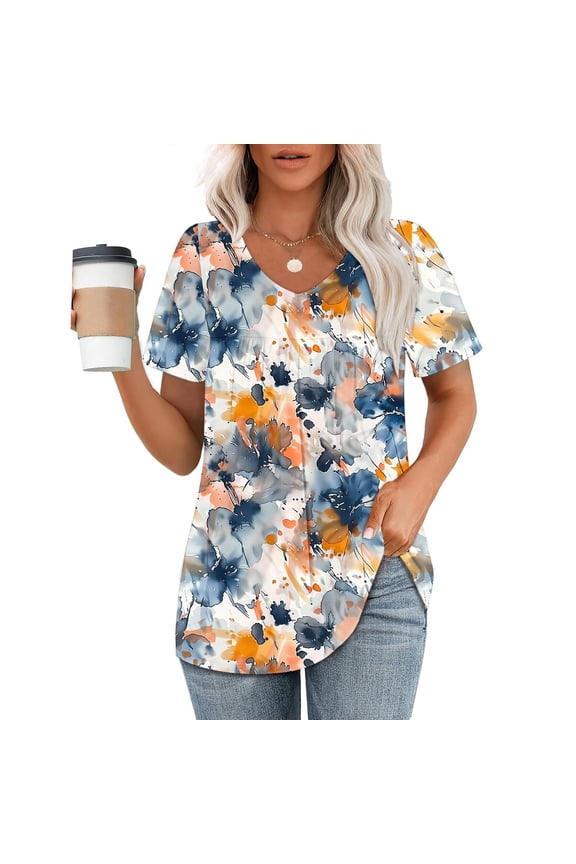 Floral Print Tops for Women V Neck Pleated Tunic Shirts Short Sleeve Casual Graphic T Shirts Flowy Holiday Blouses Tees