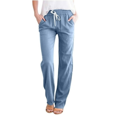 Frostluinai Flowy Pants for Women Linen High Waist Drawstring Wide Straight Leg Trousers Plus Size Solid Color Beach Pants with Pockets