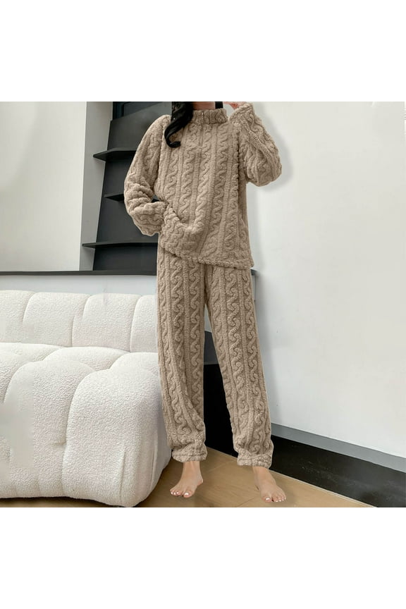 Fluffy Pajamas Set for Women Warm Pliush Winter Loungewear 2 Piece Zip Mock Neck Pullover and Wide Leg Pjs Pants Fuzzy Sleepwear
