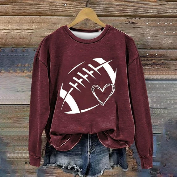 Frostluinai Football Sweatshirts for Women Game Day Long Sleeve Shirts Round Neck Casual T Shirts Fashion Rugby Print Pullover Tops