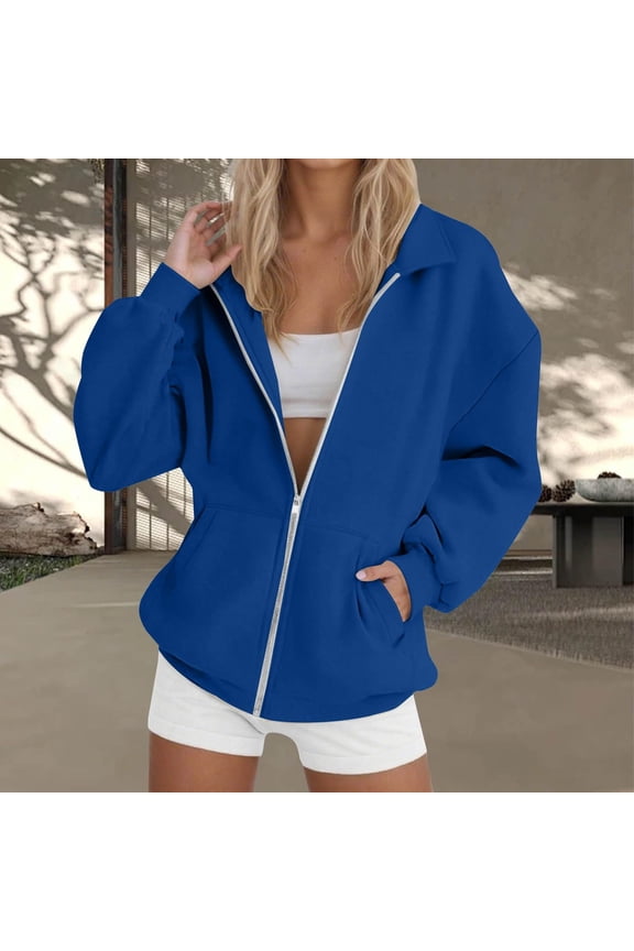 Full Zip Sweatshirts for Women Long Sleeve Drop Shoulder Oversized Jacket Coats Solid Loose Fit Athletic Fall Jacket with Pocket
