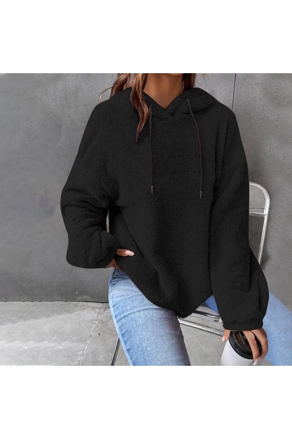 Fuzzy Fleece Hoodies for Women Long Sleeve Drop Shoulder Warm Sweatshirts Casual Fluffy Pullover Solid Fall Sweaters Womens Sweatshirts
