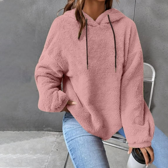 Frostluinai Fuzzy Fleece Hoodies for Women Long Sleeve Drop Shoulder Warm Sweatshirts Casual Fluffy Pullover Solid Fall Sweaters Womens Sweatshirts