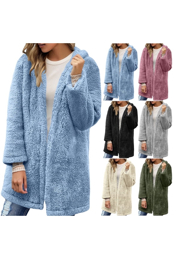 Fuzzy Fleece Jacket for Women Open Front Warm Sherpa Hoodies Solid Thicken Winter Coats Fluffy Outerwear for Ladies